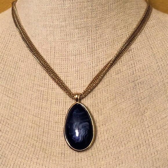 Gold Necklace Three Strand Large Blue Pendant - Picture 1 of 3